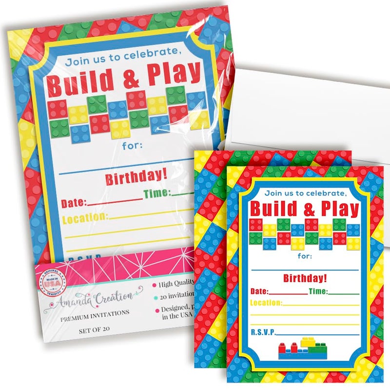 Amanda Creation Building Blocks Birthday Party Invitations, 20 5x7 Fill In Cards with Twenty White Envelopes by AmandaCreation - Image 1